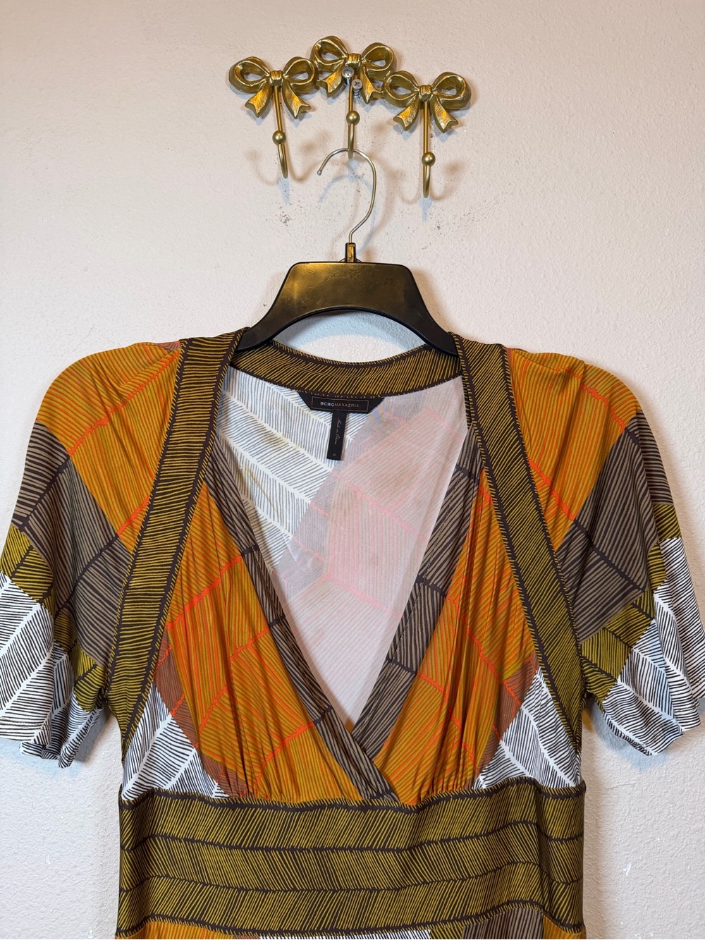 BCBGMaxAzria Mustard, Brown & White V-Neck Faux Wrap-Style Top. Size M - Picture 2 of 4
